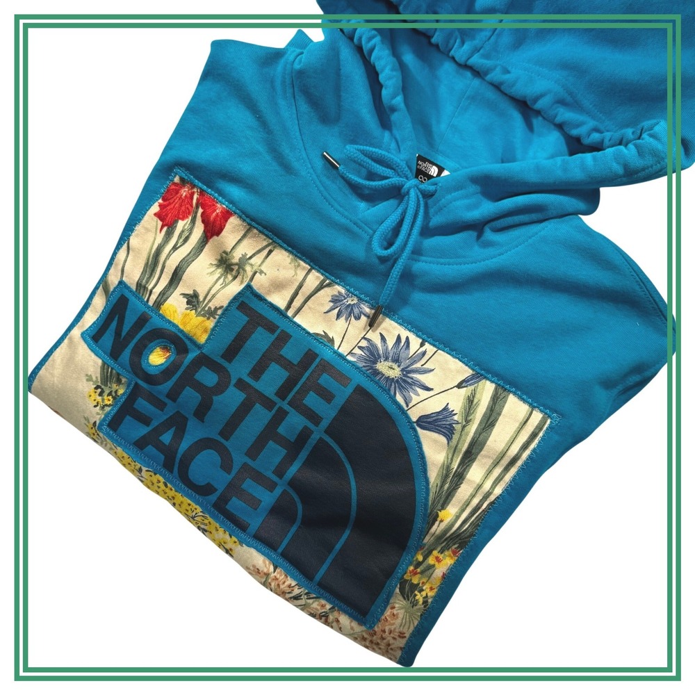 Upcycled The North Face Floral‎ Logo Hoodie Teal men's Size Medium